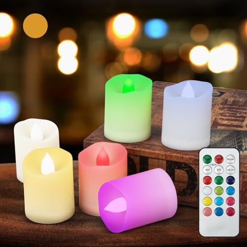 KEARLGMBH 6 Packs Led Candles RGB Tea Lights 24 Mode Flickering Flameless Candle with Remote Timer Christmas Flameless Votive Candles for Christmas Party Dinner Table Decor (6pcs,Wedding Decor)