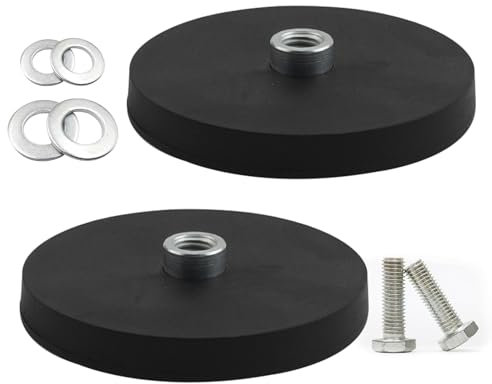 Confezione da 2 magneti al neodimio gommati, diametro 66 mm, magnete con pinza piatta, magneti rotondi in gomma con foro per vite convesso M8, portata 55 kg, magnete con base a disco per occhielli