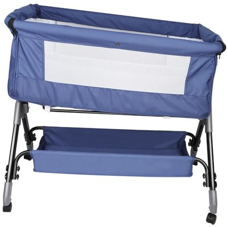 HUOLE Berceau Bébé Pliable 3 en 1, Lit Bebe Cododo avec Matelas, 4 Hauteurs Réglables, Berceaux Inclinable, pour Les Nouveau-nés-104 * 52 * 100-110 cm (4 Niveaux de Hauteur) - Bleu Marine