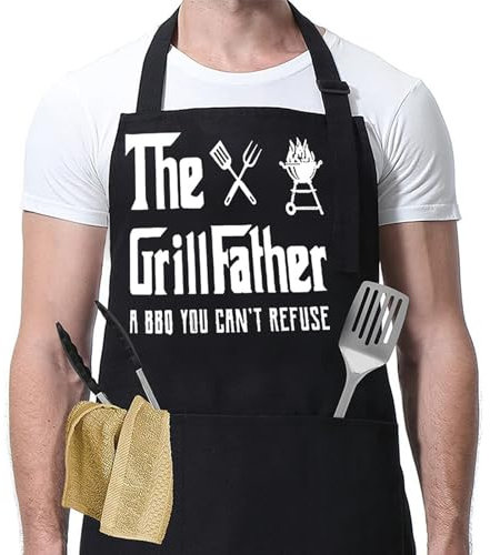 Onezebra The Grill Father BBQ Apron for Men - Funny Cooking Apron with Pockets, for Husband, Dad, or Grandad, Ideal for Christmas and Birthdays