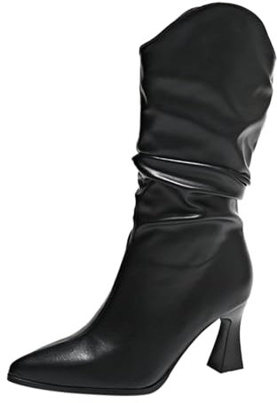 liaddkv Botas sin cordones para mujer, con tacón, botas de piel, punta puntiaguda, botines de media caña botas, elegantes botas de invierno, antideslizantes, de piel, Negro , 38 EU