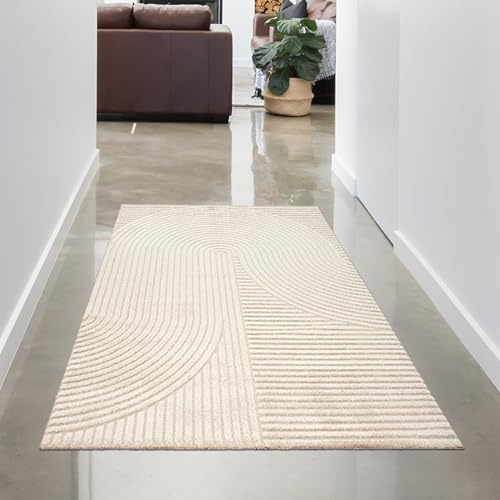 CARPETIA 3D-Teppich Linien- und Bogenmuster Beige 80x150 cm | Weich, pflegeleicht, langlebig und schadstofffrei, OEKO-TEX geprüft, für Fußbodenheizung, Wohnzimmer, Schlafzimmer & Flur