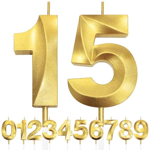 15th Geburtstagskerze, 3D Design Gold Glitter Nummer Kerzen, Cake Topper Dekorationen, Kuchen Kerze für Geburtstagsparty, Hochzeitstag, Baby-Dusche, Party-Dekoration