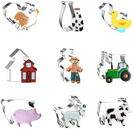 WDYJMALL Farm Cookie Cutters 9-Pc Set - Rooster Chicken Milk Bottle Duck Barn Farm House Scarecrow Tractor Pig Sheep Lamb Goat Cow - A
