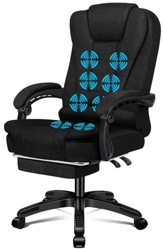 ELFORDSON 8-Point Massage Office Chair with Footrest and Seat Heating, Office Desk Chairs for Heavy People, Ergonomic Reclining Executive Chairs, Height Adjustable, 360° Swivel, Fabric, Black