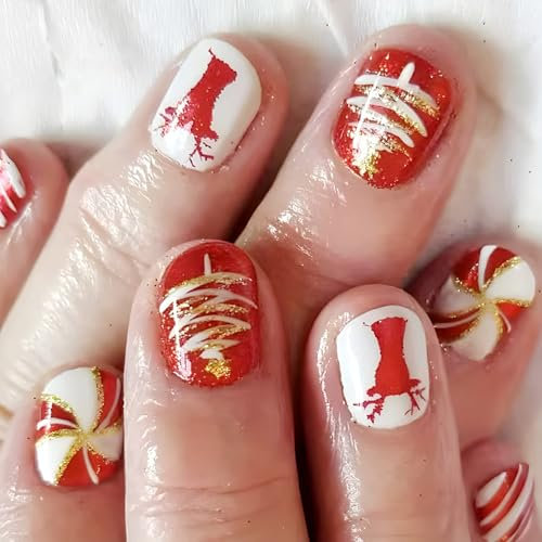 Festive Short Square Press On Nails Christmas Stick Ons Nails Snowflake False Nails Manicure Nails Art Decoration24Pcs