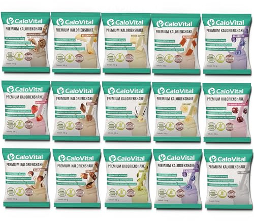 CaloVital Probierpaket Trinkmahlzeit, 15er Pack Mix, je 50g Pulver | Aufbaunahrung bei Untergewicht, Trinknahrung hochkalorisch für schnelle Gewichtszunahme, Kalorien Shake