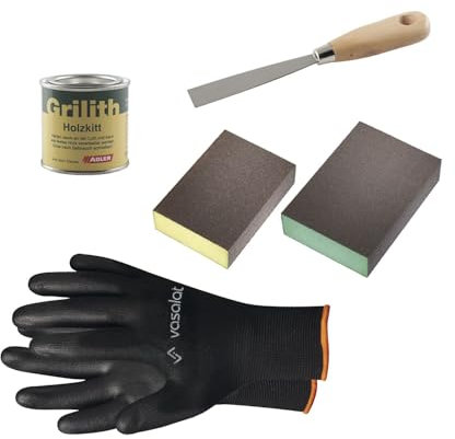 Grilith Holzkitt - Spachtelmasse für Holz, ideal zur Holzreparatur - Holzspachtelmasse mit Schleifblöcke K100 & K180 und Spachtel, schwarz 100ml