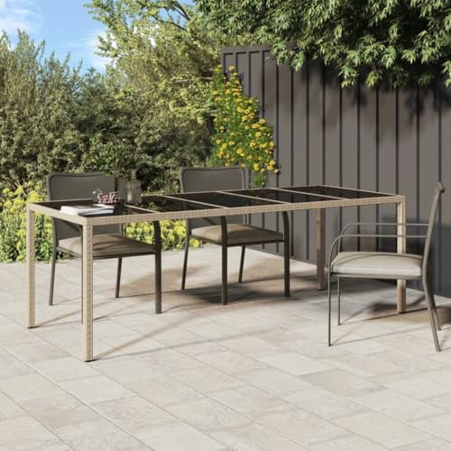 KLYEON Table de Jardin Beige 250x100x75 cm Verre trempé et Poly rotin,Table de Jardin en Résine Tressée avec Verre Trempé pour Terrasse Patio Mobilier de Jardin
