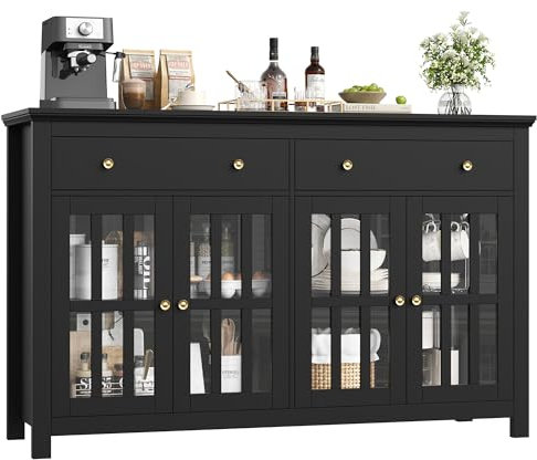 FirFurd Sideboard 140cm Breit Küchenschrank mit Arbeitsplatte Sideboard Wohnzimmer Küche Buffetschrank mit 2 Schubladen 4 Glastüren Küchenbuffet mit verstellbaren Regale 140x40x91 cm schwarz