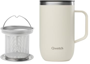 QWETCH - Mug Isotherme Inox Recyclé avec Anse & Filtre Infuseur Sable - Tisanière Isotherme 470ml - Thermos Café & Thé - 6h Chaud & 12h Froid - Bouchon Coulissant Anti-Éclaboussures