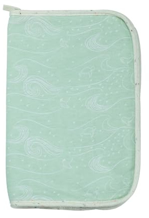 Trois Kilos Sept - Protège Carnet de Santé Bébé - Maternité - Naissance - Fermeture Zippée - Rabats Intérieurs - Vert D'Eau - Liseré Beige - Motifs Océan - 25x17,5 cm