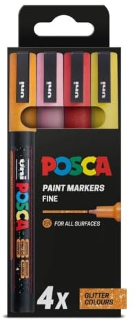 POSCA PC-3M Fine Tip Acrylic Paint Marker Pens, Glitter Colours (4-Pack) | 0.9–1.3 mm Fine Tip, Ideal for All Surfaces, Water-Based, Non-Toxic, Biodegradable Packaging