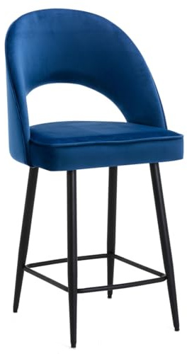 Lamboro Chelsea Velvet Bar Stool, Fixed Black Legs & Footrest, Padded Seat – Blue