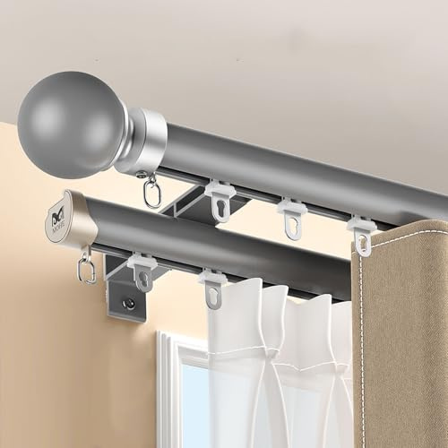 Doppelte Vorhangschiene – einfach zu installierende Aluminium-Gardinenstange für die Wand, ideal für Hochbetten, Raumteiler (grau, 1,4 m)
