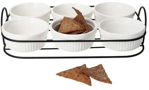 MamboCat Bianca 6er Set Schälchen mit Metallkorb I 6x Porzellan Snack Schale weiß 60ml & 1x schwarzer Servierkorb mit Griff I ideal für Tapas, Dips & Antipasti I Serviertablett