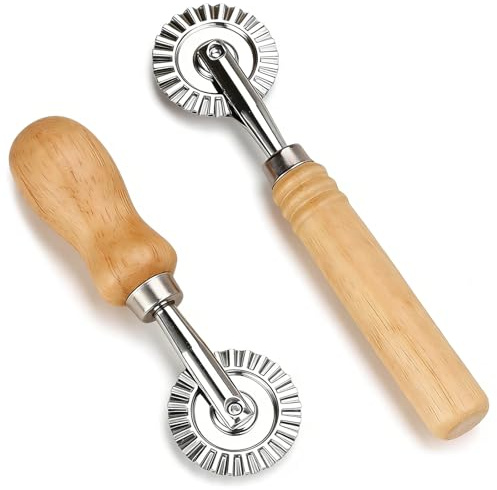 Ztolbriy 2 Pièces Coupe Pâte, Roulette à Pâtisserie avec Manche en Bois, Outil de Cuisine pour Découper Pâtes, Ravioli, Pizza et Desserts, Roulette Dentelée pour Pâtisserie, Idéal pour la Maison