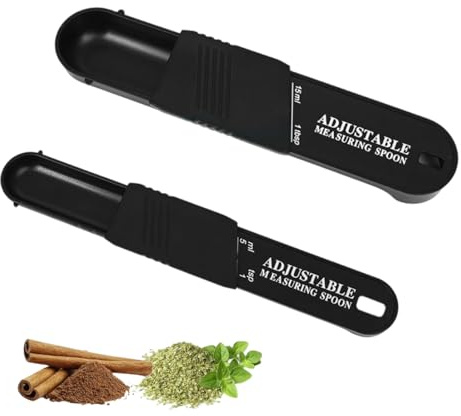 AEUXZA Juego de 2 Cucharas Medidoras Ajustables Negro, Cuchara Dosificadora de Cocina en ABS Alimentario con Escala ml/tsp/tbsp para Especias y Hornear, Ahorro de Espacio