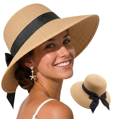 powerking Sun Hats for Women Travel Fedora Foldable Beach Sun Hat Summer Wide Brim Straw Bucket Hat with Bowknot