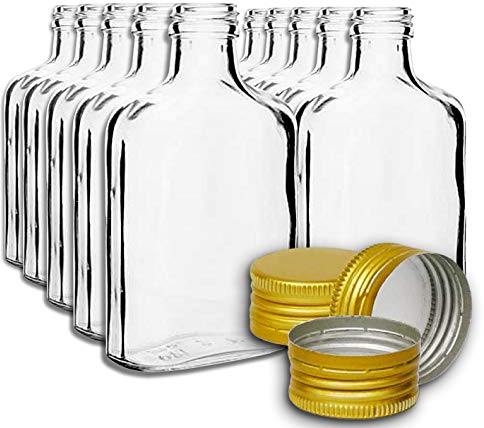 Biowin Lot de 10 flasques de Poche de 200 ML avec Bouchon à Visser doré pour vin, Whisky ou spiritueux