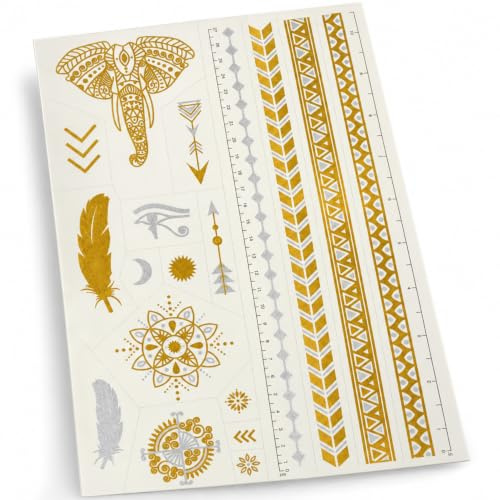 Tatsy The Festival Set – Wasserfeste Glitzer-Tattoos in Gold für Damen und Herren, Festival-Motive mit Elefant und Pfeilen, ideal für Partys und Events