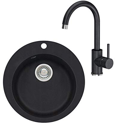 VBChome Fregadero con grifo, diámetro de 50 cm, negro, redondo, redondo, ovalado y sifón