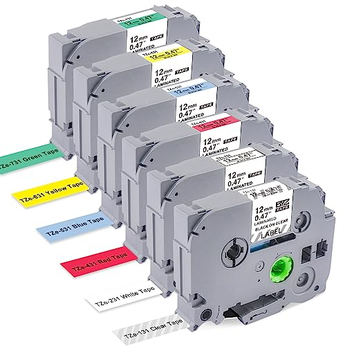 Meritom 6X Kompatibel Ptouch Schriftband 12mm für Brother P Touch Bänder TZe231 TZe131 TZe431 TZe531 TZe631 TZe731 für Brother Beschriftungsgerät PT-H105 PT-H100 PTD400 PTD600 PT-H100LB PT-H107B CUBE