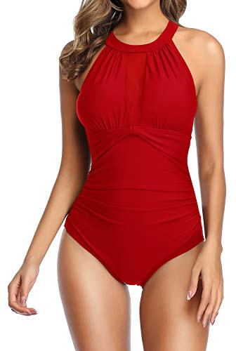 Women High Neck Tummy Control One Piece Swimsuit Swimming Costume Red,XL