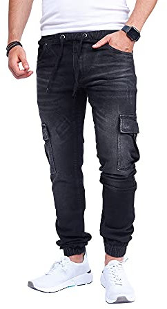 Styleko Herren Cargo Jeans Hose für Männer Jungen Regular Slim Fit Denim Destroyed Jogger Freizeithose Casual Pants Stretch | 7 Taschen 8004 (Black, 36)