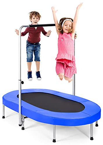COSTWAY Trampoline for Kids, 2 Persons Foldable Fitness Trampolines with 5 Levels Height Adjustable Handle, Oval Rebounder Exercise Jumper (Blue)