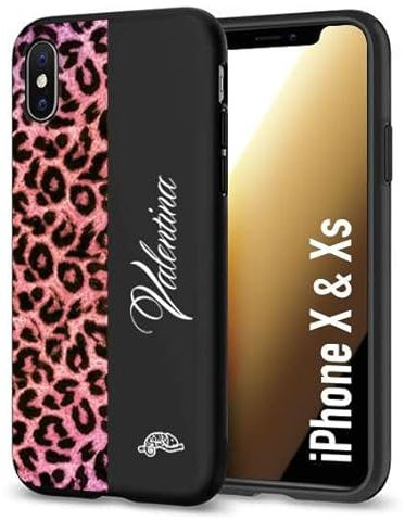 CUSTOMIZZA - Custodia cover nera morbida in tpu compatibile per iPhone X - Xs leopardato rosa fucsia personalizzata nome iniziali