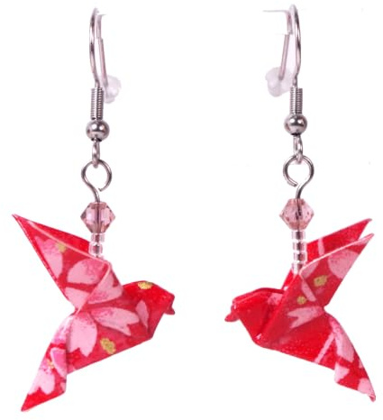 Boucles d'oreilles colombes origami (Fleurs roses sur fond rouge)