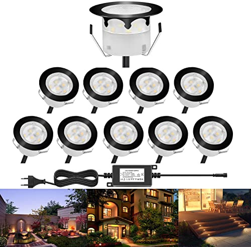 10 Einbaustrahler für den Außenbereich, für Boden, Terrasse, Holz, 45 mm, Einbauspot, für den Außenbereich, hergestellt aus IP67, DC12 V, 1 W, mit EU-Netzteil, für Garten, Treppe, Warmweiß, Schwarz