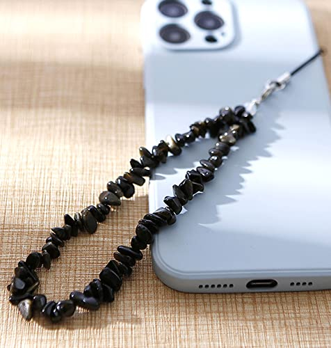 Bunte Natürlicher Kristallstein Kies Handykette,Universal Handy Handschlaufe Handy Charm Handgelenk Handy Lanyard Perlen Kette Telefonkette Handyschmuck Schlüssel Taschen Handy Anhänger,Schwarz