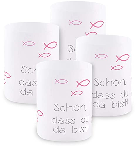 Windlicht Fisch Deko, 8 Stück Mini Tischlichter Kerzen Deko als Tischdeko für Junge und Mädchen Kommunion Konfirmation Taufe Teelichter I Schön DASS du da bist I ca. 8,0 x 10,0 cm (Rosa)