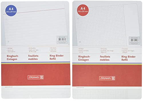 Brunnen 1066941 Ringbucheinlagen A4 (liniert mit roter Kopflinie, 100 Blatt, 70 g/m²) & 1066918 Ringbucheinlagen (A4, kariert mit Rand, Lineatur 26, 50 Blatt, 70 g/m²), weiß
