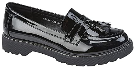 Boulevard Womens Low Heel Tassel Loafers Patent Black