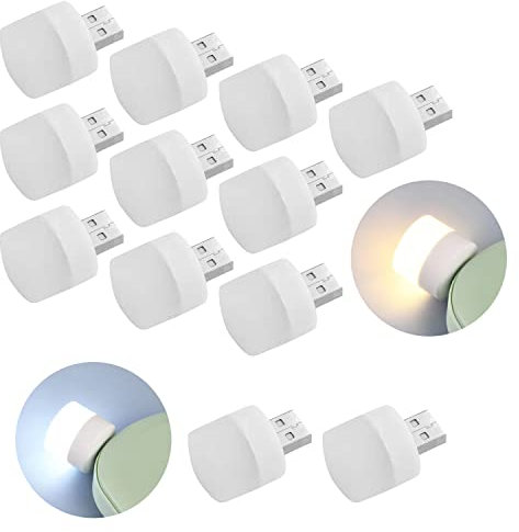 12 pcs USB Plug-in Night Lights, Round Mini Night Lights, Portable Night Lights, Soft Light Eye Protection Lights, Suitable for Bedroom, Corridor, Kitchen (10 Warm Lights, 2 White Lights)