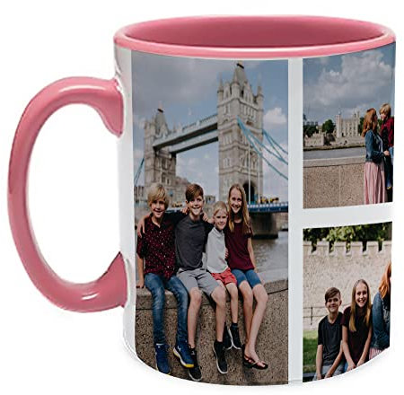 Personalised with Two Photos/Multi Photo Collage Mug Memorable Gift for Family,Friends,Birthday, Novelty Gift Coffee Tea 11oz Inside Coloured Ceramic Mug. (4 Photo, Pink)