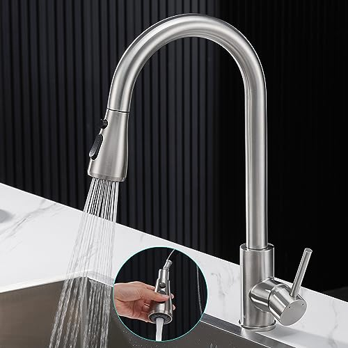 Ulytid Wasserhahn Küche Ausziehbar, Hochdruck Küchenarmatur mit Brause Ausziehbar 3 Modus, Mischbatterie Spültischarmatur Einhebelmischer Armatur Küche 360° Drehbar Auslauf, 304 Edelstahl Gebürsteter