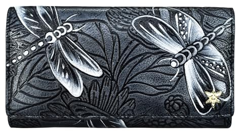 Anuschka Trifold Brieftasche aus Leder mit RFID-Schutz, handbemalt - Tooled Dragonfly Meadow