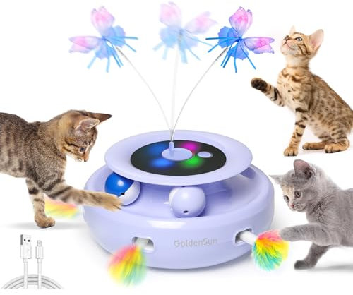 GoldenSun 3-In-1 Interactive Cat Toys for Indoor Cats Adult, Smart Cat Feather Toys, Rechargeable Power Cat Toys Balls & Handmade Butterfly Toy, Cat Teaser Toys