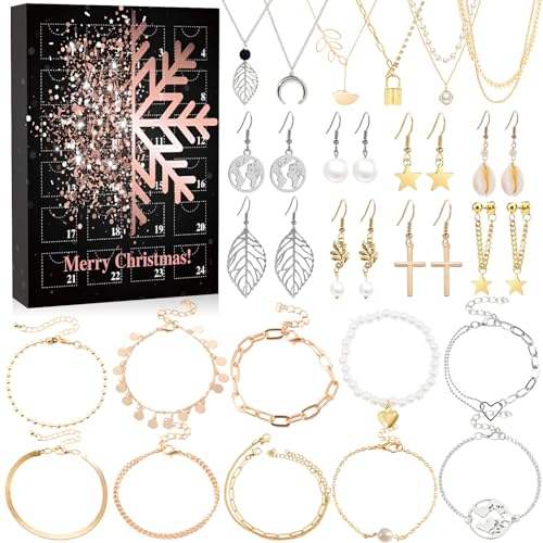 Adventskalender 2024 Mädchen Frauen, Adventskalender Schmuck Weihnachtskalender 24 Überraschungen Armband Halskette Ohrringe, Damen Schmuck Set, Weihnachtsgeschenke für Frauen Mädchen Teenager Kinder