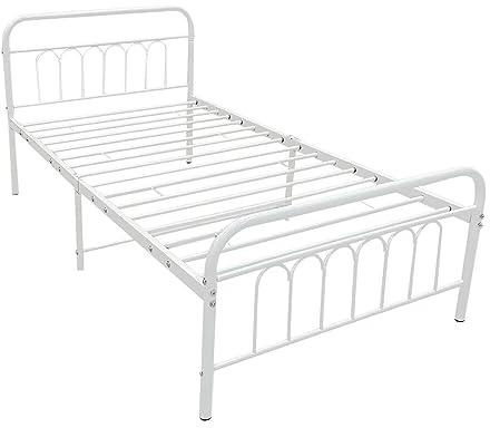 Panana Single Size Bed Frames Metal Platform with Vintage Headboard and Footboard, Mattress Foundation/No Box Spring Needed(White,3FT)