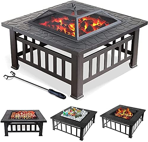 3-in-1-Feuerstelle mit Regenschutz, Metall-Kohlenbecken für den Außenbereich, quadratischer Tisch, Feuerstelle, Heizung, Grill, Gartenterrassen-Lagerfeuer