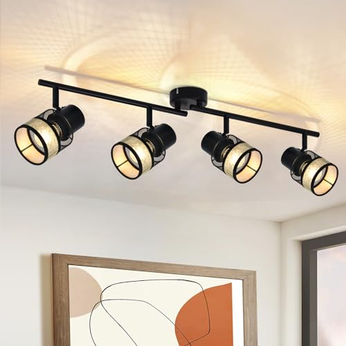 Glitzerlife Deckenstrahler 4 Flammig Vintage Deckenleuchte - Deckenspot Schwarz LED Metall E27 330°Schwenkbar Deckenlampe Gold Stoffschirm für Wohnzimmer Schlafzimmer Küche Treppe Esszimmer Max.25W