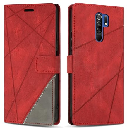 SONWO Cover per Redmi 9 / Redmi 9 Prime/Xiaomi Poco M2, Flip Caso in PU Pelle Case Cover Custodia con Slot per Schede e Supporto Stand per Redmi 9, Rosso