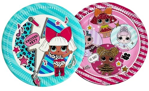 CUCUBA 16 Piatti di Carta Grandi Tema LOL misure 23 cm (8 Colore Celeste + 8 Colore Rosa) Stoviglie per Festa Compleanno Party
