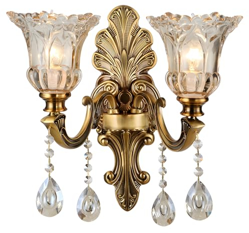WayLuoung Lampe Murale Vintage Florale À 2 Tête En Verre De Cristal - Applique Murale Rétro Couleur Bronze Doré - Décoration En Métal Lampe De Chevet Salon Restaurant Escaliers (Base E14 Sans Ampoule)
