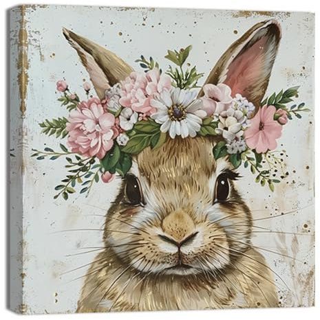 ZQQART Vintage Kaninchen Leinwand Wandbild Tier trägt eine Krone Bild Drucke Blumen Hase Gemälde Kinderzimmer Kinderzimmer Dekor Rahmen(30x30cm)